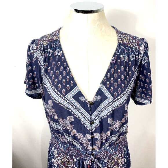 Knox Rose Midi Dress Size Large Rayon Short Sleeve Navy Blue/White Floral Boho - Picture 2 of 7